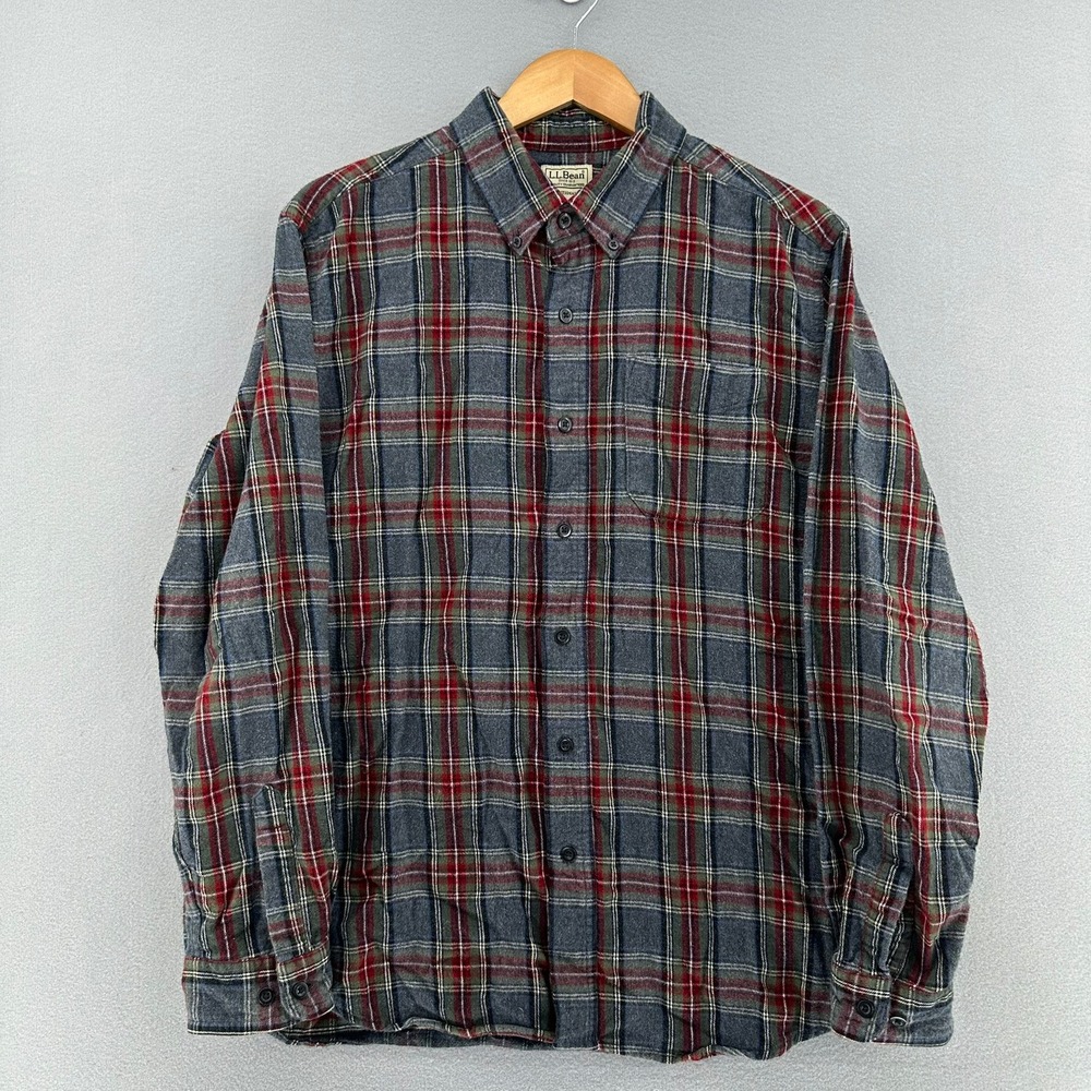 L.L. Bean Traditional Fit Scotch Plaid Flannel Button Up Shirt Grey L Cabincore - Picture 2 of 10